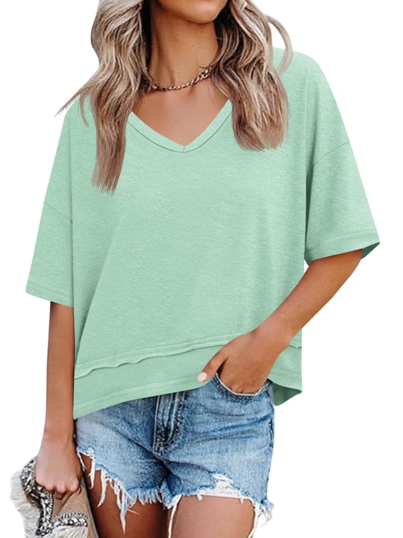 Cicy Bell Womens Summer V Neck T Shirts Casual Short Sleeve Flowy Tops Cute Loose Fit Basic Tees - Image 1