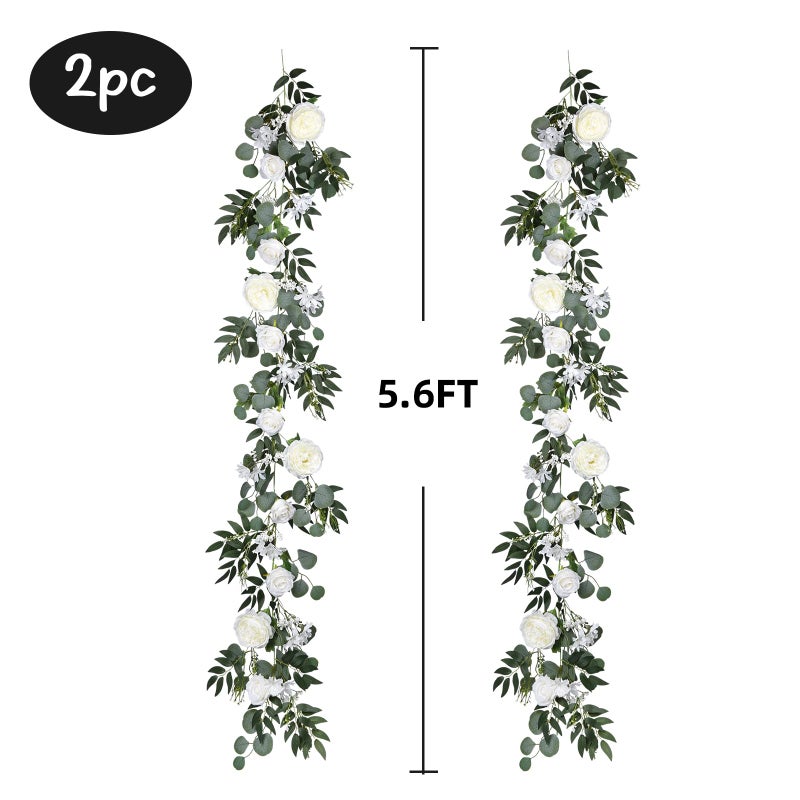 Lvydec 2 Pack Artificial Peony Flower Garland - 6ft Silk Peony Vine Willow Leaves and Eucalyptus Garland White Arch Flower Vine for Wedding Party Table Decoration (White) - Image 2
