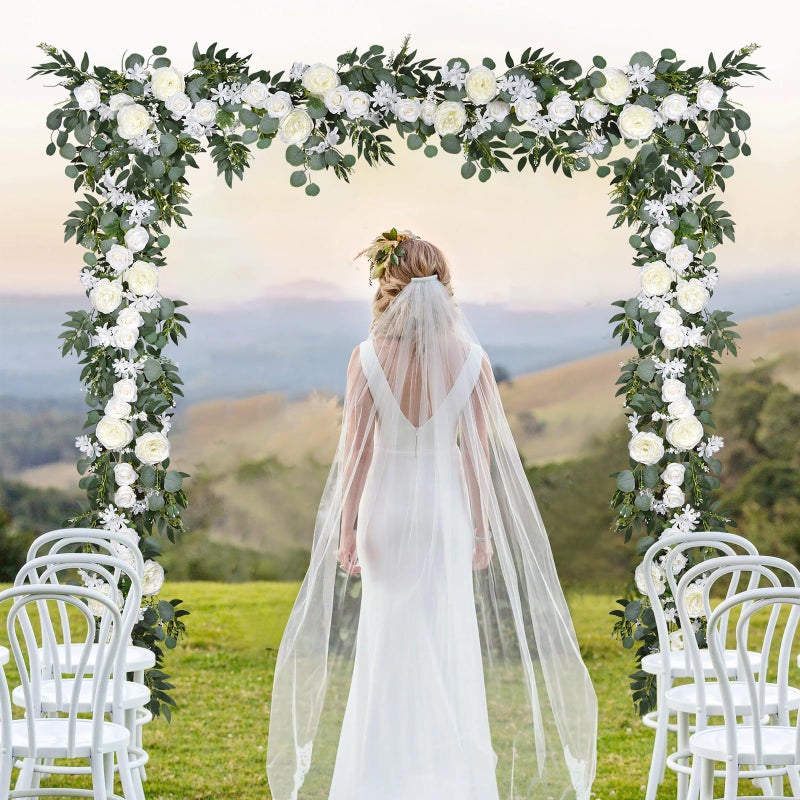 Lvydec 2 Pack Artificial Peony Flower Garland - 6ft Silk Peony Vine Willow Leaves and Eucalyptus Garland White Arch Flower Vine for Wedding Party Table Decoration (White) - Image 4