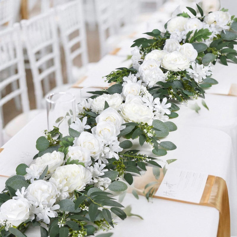 Lvydec 2 Pack Artificial Peony Flower Garland - 6ft Silk Peony Vine Willow Leaves and Eucalyptus Garland White Arch Flower Vine for Wedding Party Table Decoration (White) - Image 5