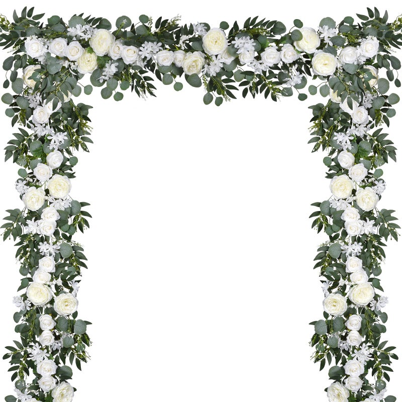 Lvydec 2 Pack Artificial Peony Flower Garland - 6ft Silk Peony Vine Willow Leaves and Eucalyptus Garland White Arch Flower Vine for Wedding Party Table Decoration (White) - Image 1