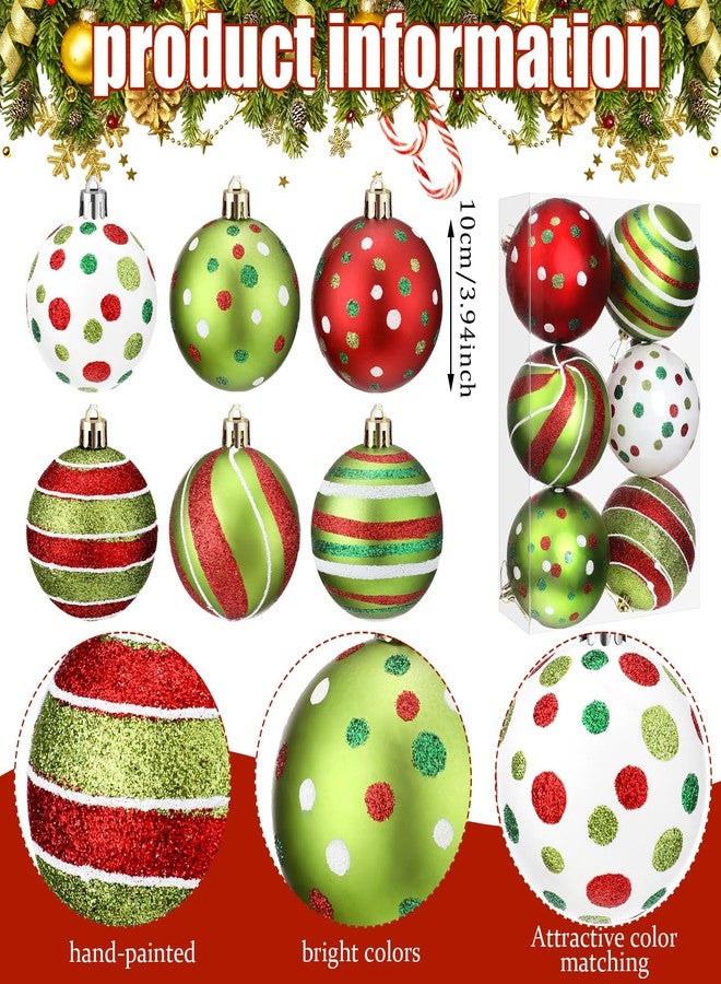 Liliful 6 Pcs Christmas Tree Ornaments 3.9'' Glitter Red Green White Hanging Ball Large Plastic Balls Swirl Candy Cane Peppermint Big Christmas Pendants Baubles for Holidays Xmas Tree Decoration - Image 2