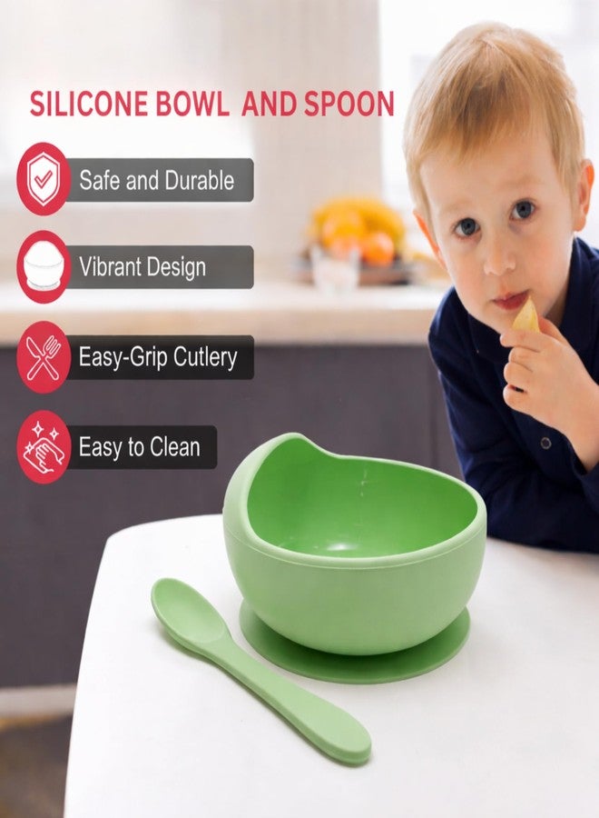 Nestlooms Baby Feeding Bowl & Spoon I Silicone Unbreakable Non-Slip Suction Base Design I BPA Free, Dishwasher, Freezer & Microwave Safe I Feeding Kit for Infants & Toddler (Olive Mist) - Image 2