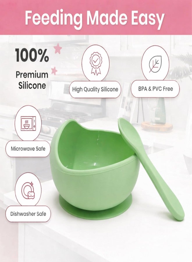 Nestlooms Baby Feeding Bowl & Spoon I Silicone Unbreakable Non-Slip Suction Base Design I BPA Free, Dishwasher, Freezer & Microwave Safe I Feeding Kit for Infants & Toddler (Olive Mist) - Image 4