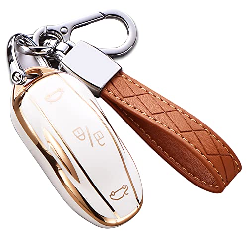 Cacacar for Tesla Model S Key Fob Cover with Keychain Full Cover Protection Key Fob Case Premium Soft TPU Smart Remote Key Holder (Ivory) - Image 1
