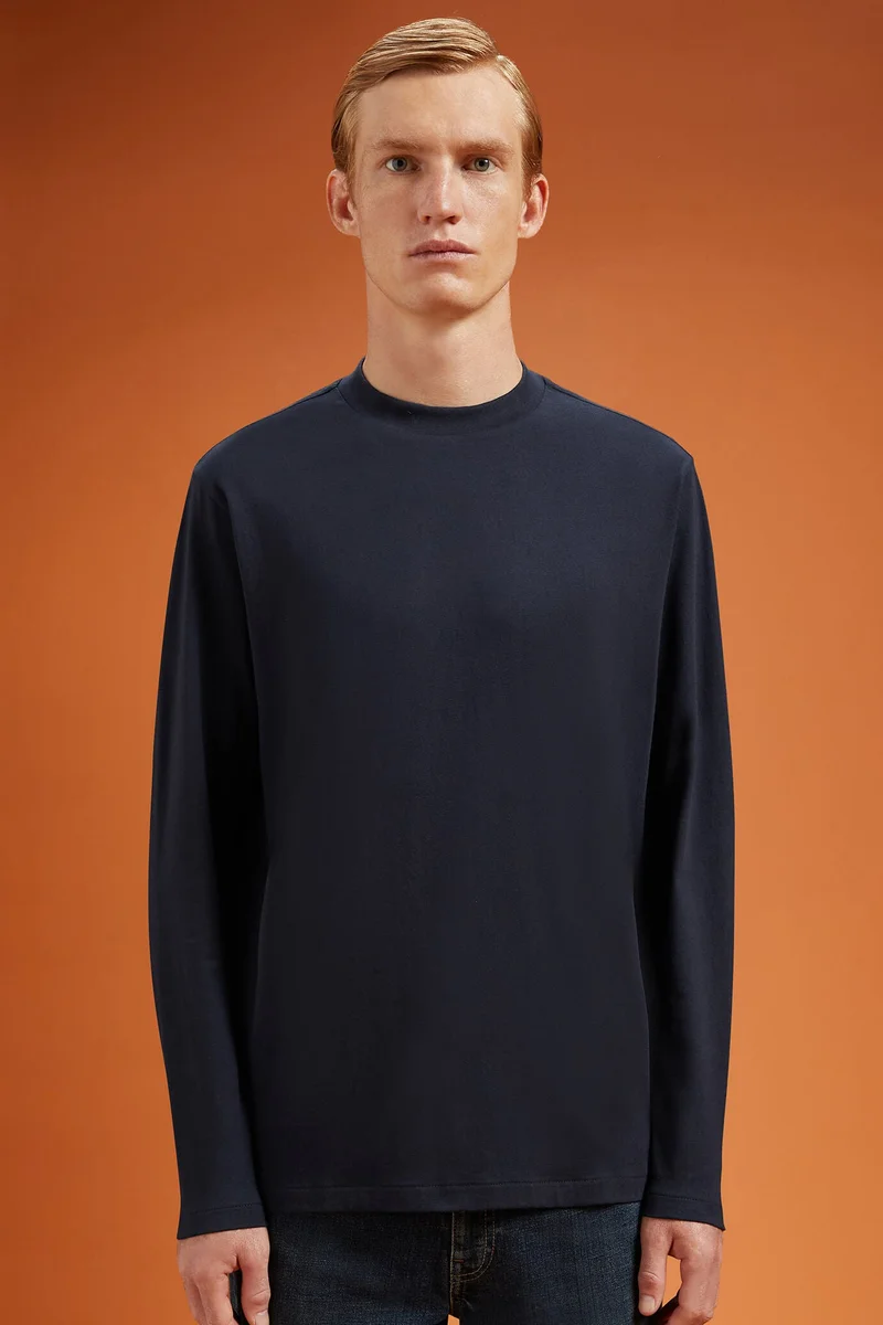 Men's regular fit long-sleeved crew neck T-shirt in 100% cotton - Dk Blue