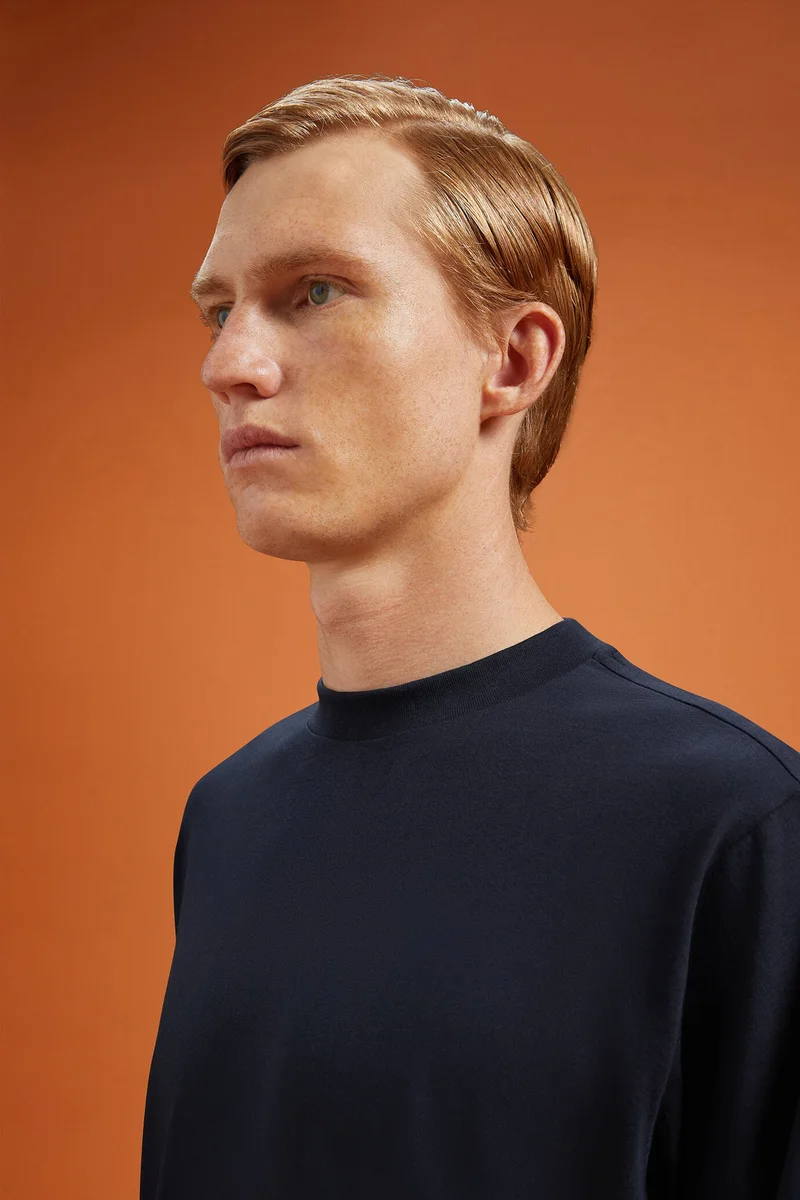 Doppelganger Blue Men's regular fit long-sleeved crew neck T-shirt in 100% cotton - DK Blue for Men | Best Price UAE