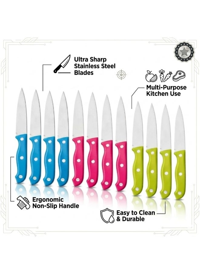 طلال طقم سكاكين ستيك من الفولاذ المقاوم للصدأ مكون من 12 قطعة بشفرات مسننة فائقة الحدة - طقم سكاكين مطبخ فاخر ومتين بمقابض ملونة مريحة مانعة للانزلاق لتقطيع سهل، مثالي لتناول الطعام والشواء والمطبخ والمطاعم والاستخدام اليومي - Image 2