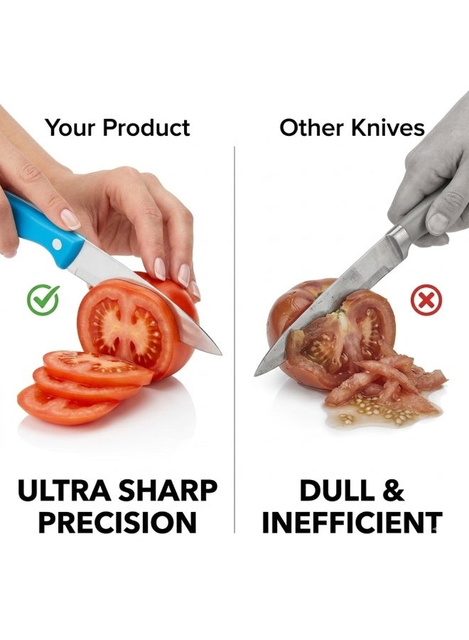 طلال طقم سكاكين ستيك من الفولاذ المقاوم للصدأ مكون من 12 قطعة بشفرات مسننة فائقة الحدة - طقم سكاكين مطبخ فاخر ومتين بمقابض ملونة مريحة مانعة للانزلاق لتقطيع سهل، مثالي لتناول الطعام والشواء والمطبخ والمطاعم والاستخدام اليومي - Image 4