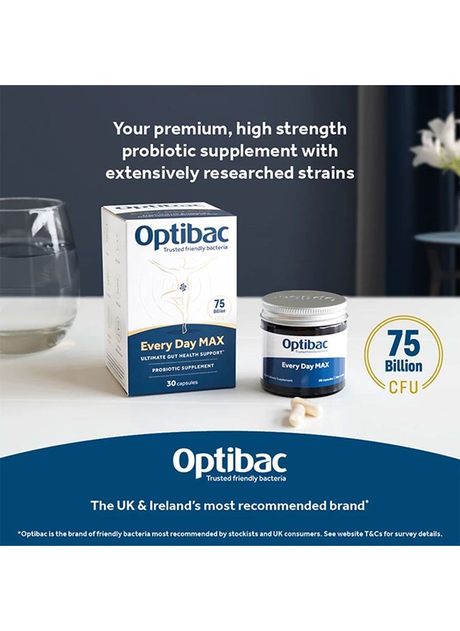 Optibac Probiotics - Max Advanced Maximum Strength Vegan Digestive Probiotic Supplement With 75 Billion Bacterial Cultures 30 Capsules - Image 1