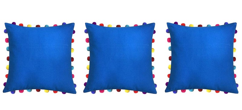 Lushomes Cushion Cover 20x20 Boho Cushion Covers Sofa Pillow Cover Cushion Covers with Tassels Cushion Cover with pom pom 20x20 Inches Set of 3 Blue - Image 1