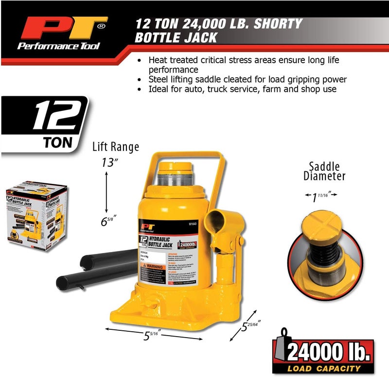 Performance Tool W1643 Heavy Duty Shorty Bottle Jack - 12 Ton Capacity (24,000 lbs) - Image 5
