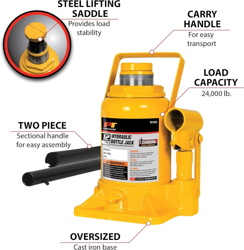 Performance Tool W1643 Heavy Duty Shorty Bottle Jack - 12 Ton Capacity (24,000 lbs) - Image 4