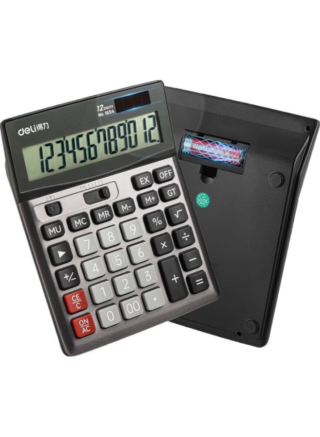 Deli Dual Power Wide-Screen Large Metal Panel Desktop Calculator, Financial Calculator, Office Stationery Supplies, Dark Gray 1654 - Image 1