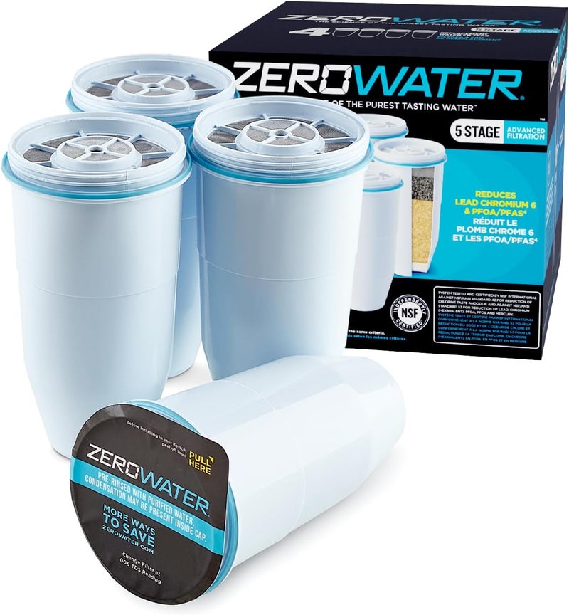 ZeroWater Official Replacement Filter - 5-Stage 0 TDS Water Filter Replacement IAPMO Certified to Reduce Lead, Chromium, and PFOA/PFOS 4-Pack - Image 1