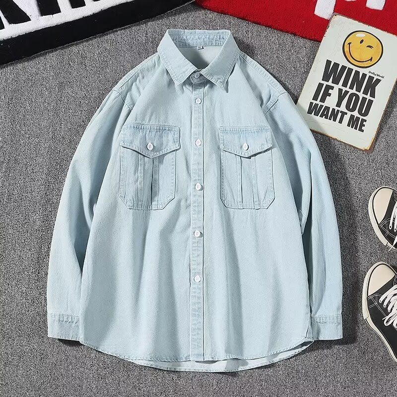Mens Denim Shirt Long Sleeve Comfortable Loose-Fit American Style Casual Trendy Vintage Simple Jacket For Spring And Autumn Light blue