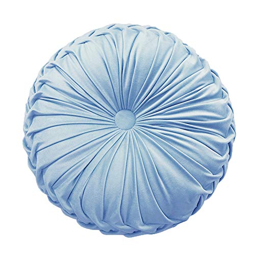 Teieas Round Throw Pillow Velvet Home Decoration Pleated Round Pillow Cushion for Couch Chair Bed Car Light Blue - Image 1