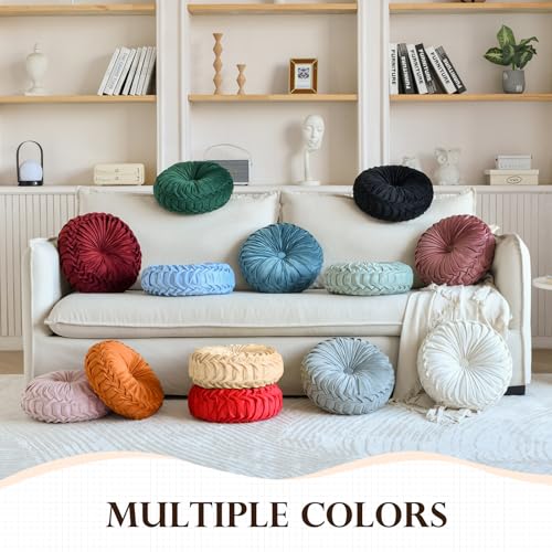 Teieas Round Throw Pillow Velvet Home Decoration Pleated Round Pillow Cushion for Couch Chair Bed Car Light Blue - Image 3