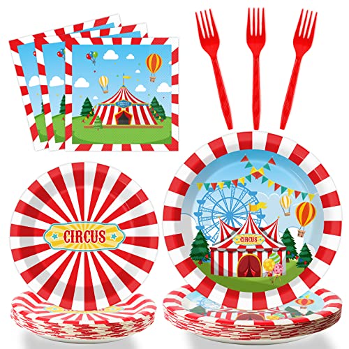 Tevxj 96PCS Circus Tableware Set Carnival Theme Dinnerware Disposable Dessert Plates Carnival Circus Party Plates Napkins Forks for Boys Girls Party Decorations Supplies 24 guests - Image 1