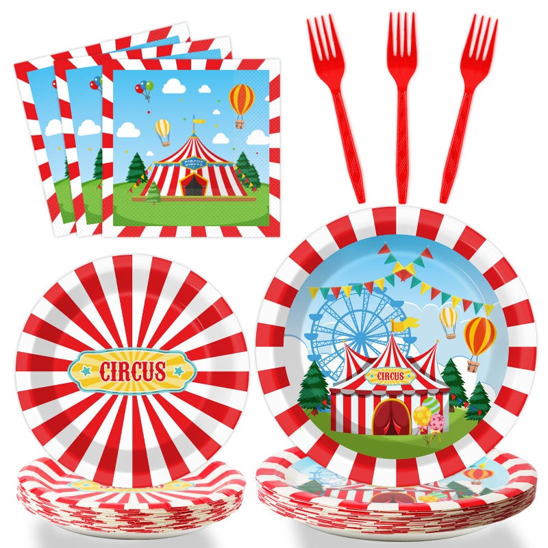 Tevxj 96PCS Circus Tableware Set Carnival Theme Dinnerware Disposable Dessert Plates Carnival Circus Party Plates Napkins Forks for Boys Girls Party Decorations Supplies 24 guests - Image 2