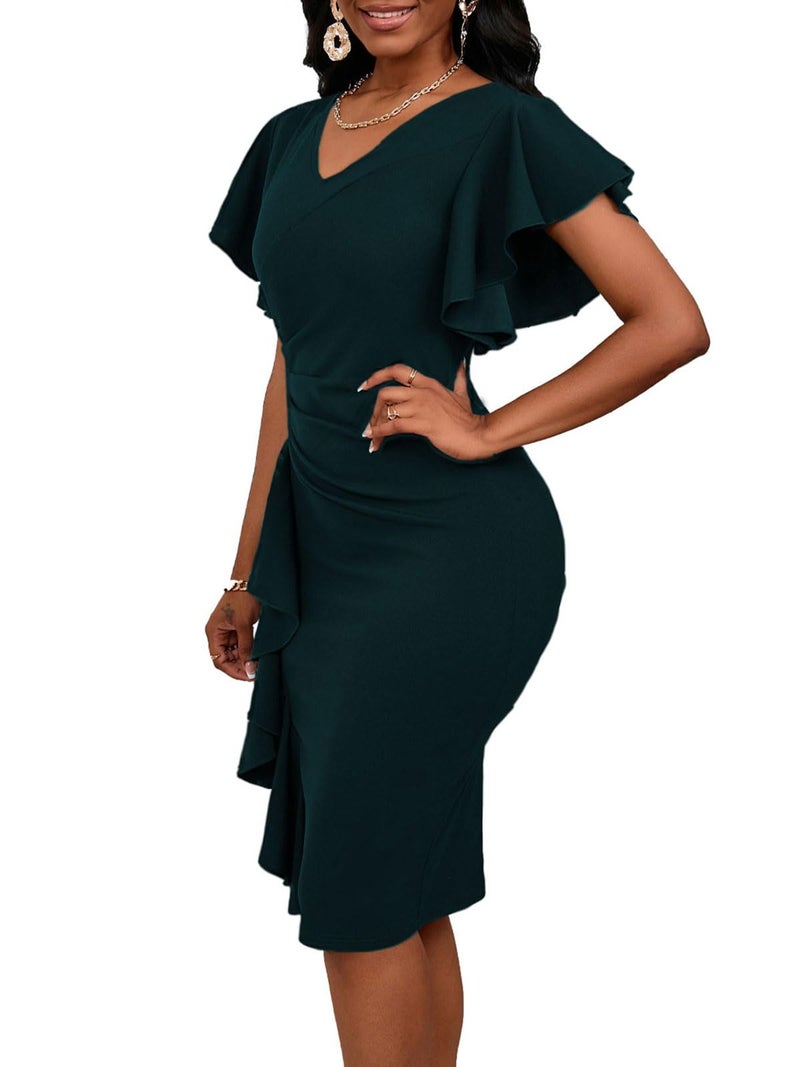 Bdwinz Womens Evening Dresses for Women Elegant Vintage 50S Ruched V Neck Casual Sunday Midi Pencil Dress - Image 5