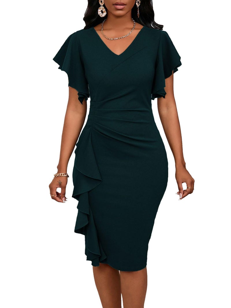 Bdwinz Womens Evening Dresses for Women Elegant Vintage 50S Ruched V Neck Casual Sunday Midi Pencil Dress - Image 1