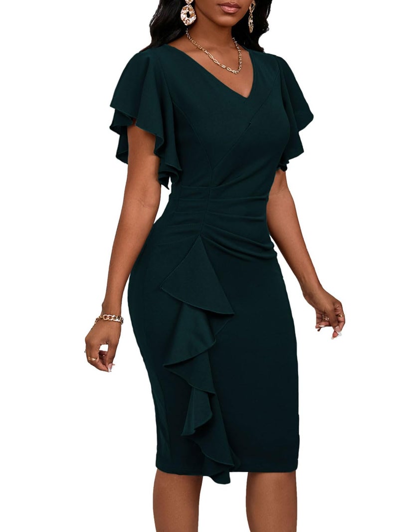 Bdwinz Womens Evening Dresses for Women Elegant Vintage 50S Ruched V Neck Casual Sunday Midi Pencil Dress - Image 4