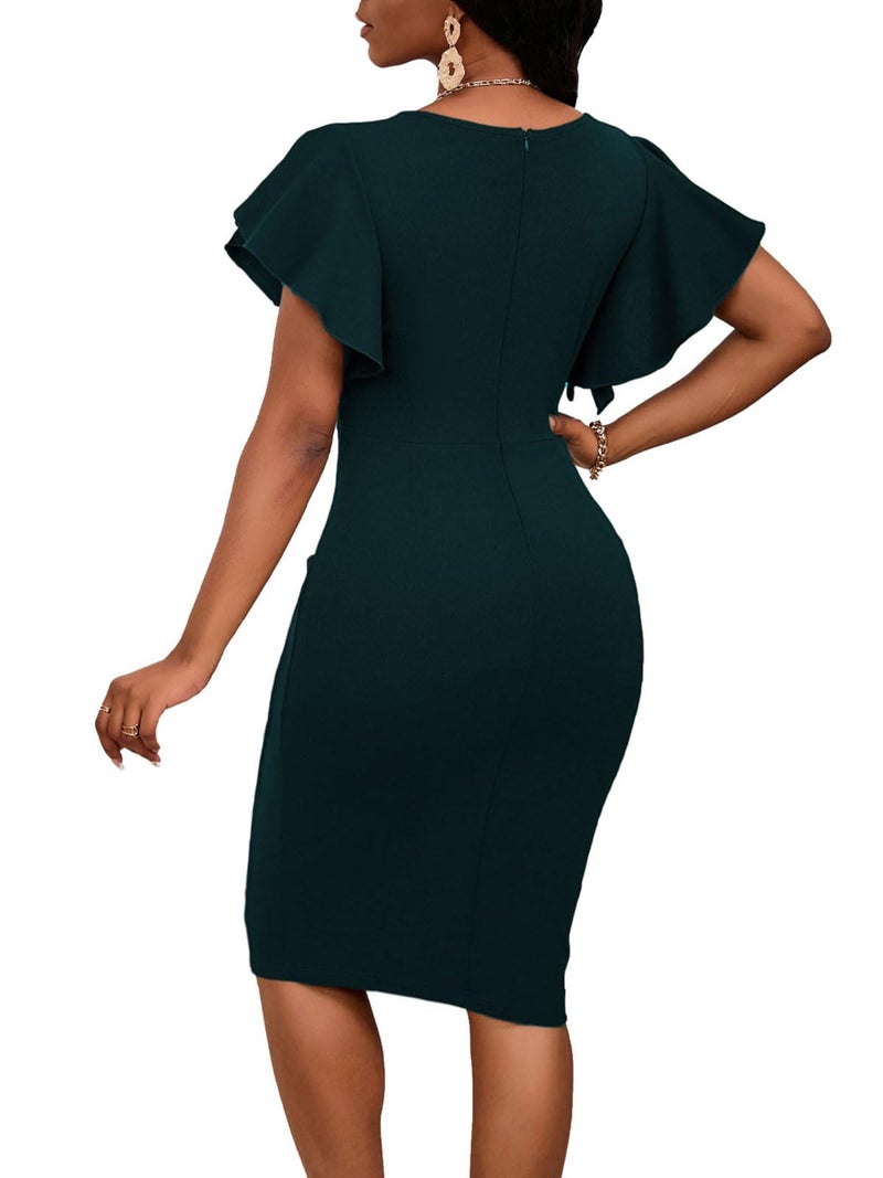 Bdwinz Womens Evening Dresses for Women Elegant Vintage 50S Ruched V Neck Casual Sunday Midi Pencil Dress - Image 2