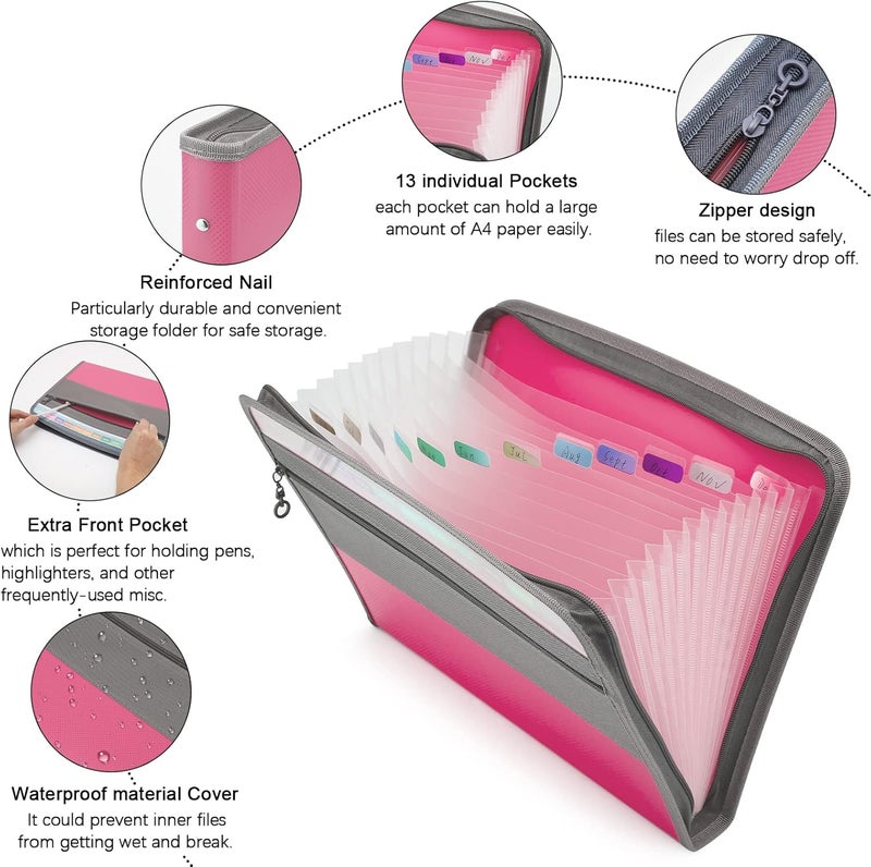 Nafy Expanding File Folders, 13 Pockets Document Organizer with Zipper, A4 Letter Size Portable Accordion Expanding File Folders with Multicolor Labels for Home Office School Supplies (Mix 4 Color) - Image 3