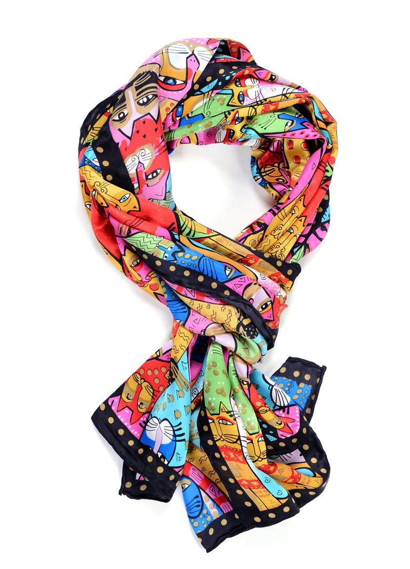 Salutto Women 100 Silk Scarves Black Cartoon Cat Head Printed Scarf