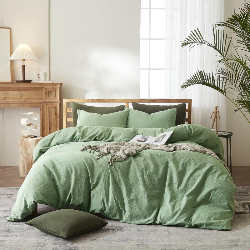 AMWAN Simple Style Sage Green Duvet Cover King Size Soft 100 Washed Cotton Bedding Sets Solid Color Light Green Comforter Cover 1 King Duvet Cover with 2 Pillowcases Aesthetic Luxury Bedding Set