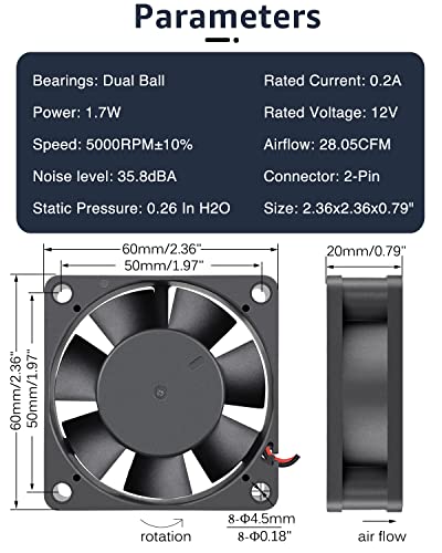 GDSTIME Dual Ball Bearing 60mm x 60mm x 20mm 12v Brushless DC Cooling Fan - Image 5