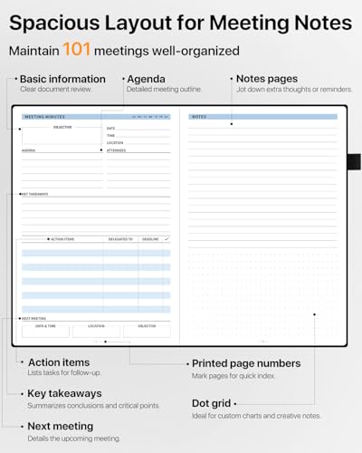 WEMATE Meeting Notebook for Work, Work Planner Notebook With Action Items, B5 Size Project Planner, Easily Take Meeting Notes & Keep Agendas on Track, Calender, Index Page, Inner Pocket, 7×10 Inch, Black - Image 3