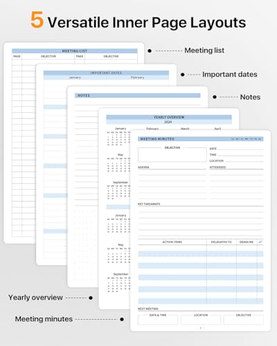 WEMATE Meeting Notebook for Work, Work Planner Notebook With Action Items, B5 Size Project Planner, Easily Take Meeting Notes & Keep Agendas on Track, Calender, Index Page, Inner Pocket, 7×10 Inch, Black - Image 2