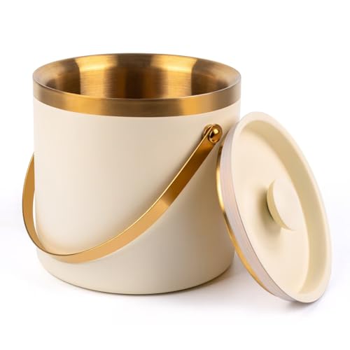 DRAMNYO 3L beige white Double Wall Insulated Stainless Steel Ice Bucket with scoop for Cocktail BarMetal Ice Bucket for freezer with Lid for partiesice Container to Keep Ice Colderbar cart accessories - Image 1
