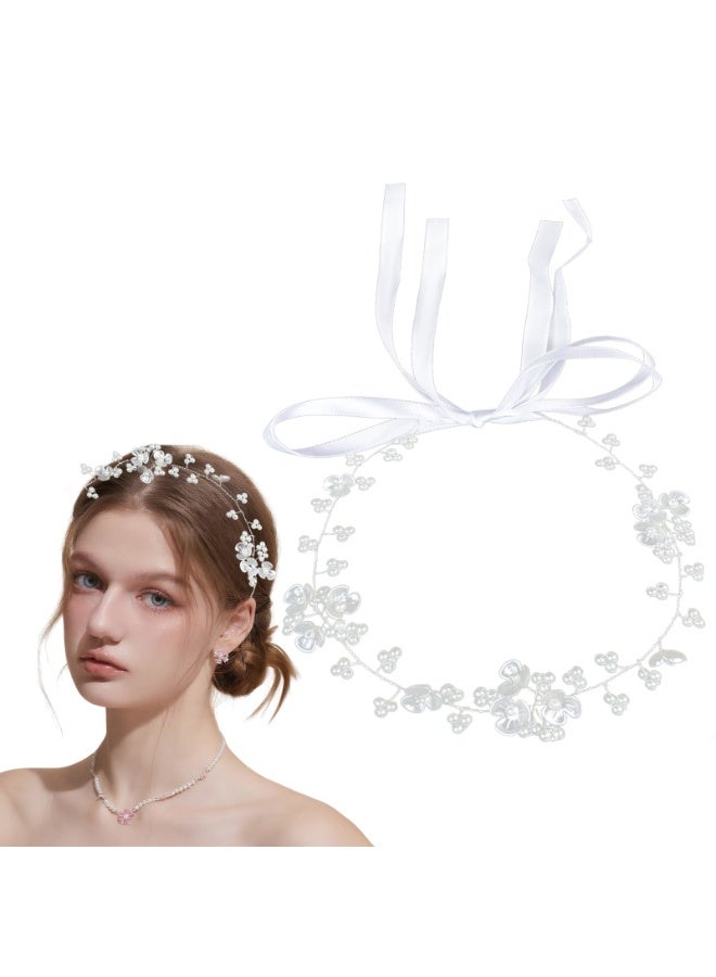 طوق رأس مزين باللؤلؤ والزهور للعروس، طوق رأس مزين بالكريستال للفتيات الصغيرات، إكسسوارات شعر مزينة باللؤلؤ للفتيات الصغيرات، طوق رأس فضي لحفلات أعياد الميلاد، طوق رأس فضي لحفلات الزفاف (فضي) - Image 1
