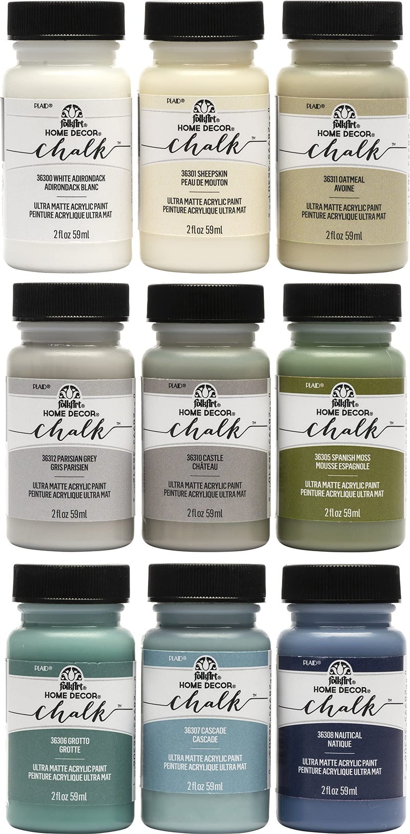 FolkArt Home Decor Ultra Matte Chalk Finish Acrylic Craft Paint Set Formulated for NoPrep Application Designed for Beginners and Artists 2 oz Bottles Top Colors