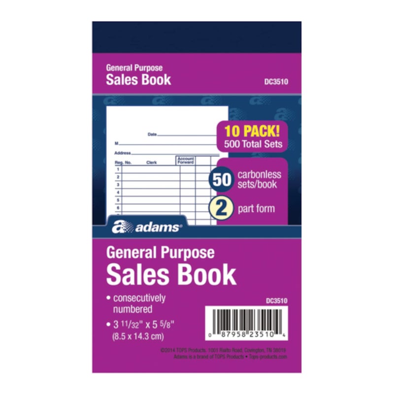 Adams General Purpose Sales Book, 2-Part, Carbonless, White/Canary, 3-11/32 x 5-5/8, 50 Sets per Book, 10 Pack (DC3510) - Image 1