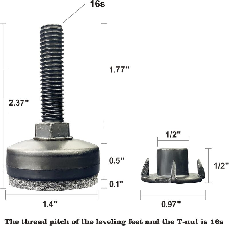 Twig 3/8" Threaded Leveling Feet Adjustable Table/Furniture Feet Levelers Screw on Heavy Duty Desk/Chair/Cabinet/Dresser/Bench Leg Leveler Screw in with Threaded Inserts(3/8-16,Large Base,Black,4 Pack) - Image 2