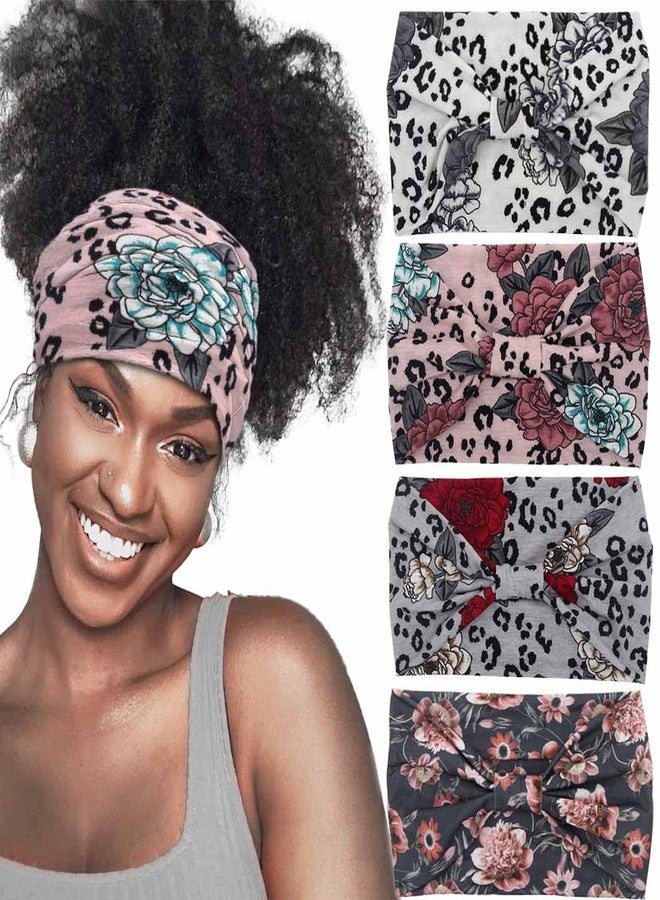 Aceorna Boho Butterfly Headbands: Stretch Knotted Hairbands with Floral Prints, Elastic Turban Head Wraps for Women and Girls, Pack of 4 Hair Bands (Floral A) - Image 1
