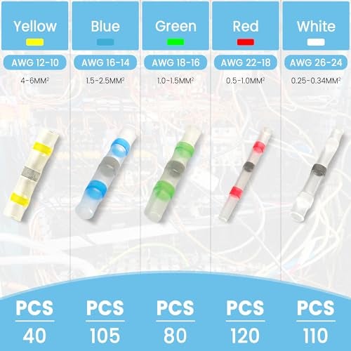 AKOSN 455 PCS Heat Shrink Self Soldering Butt Connector, Solder Seal Wire Connectors Kit, Waterproof Wire Solder Stick Splice Connector for Marine Electrical Automotive (5 Colors/5 Sizes/ 26-10 Gauge) - Image 2
