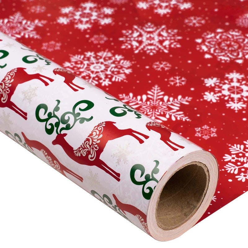 MAYPLUSS Christmas Reversible Wrapping Paper Jumbo Roll 30 Inches x 100 Feet Red Green Reindeer and Snowflakes