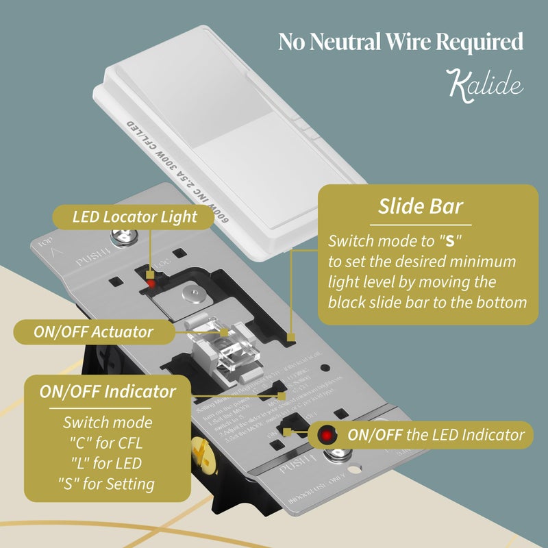 TOPGREENER Kalide Dimmer Light Switch, LED Dimmer Switch, Full Range Dimming, Single Pole/3-Way, 120VAC, 60Hz, 300W LED/CFL, Neutral Wire Not Required, Wall Plate Included, White - Image 4