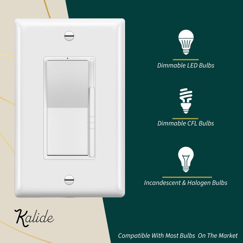 TOPGREENER Kalide Dimmer Light Switch, LED Dimmer Switch, Full Range Dimming, Single Pole/3-Way, 120VAC, 60Hz, 300W LED/CFL, Neutral Wire Not Required, Wall Plate Included, White - Image 2