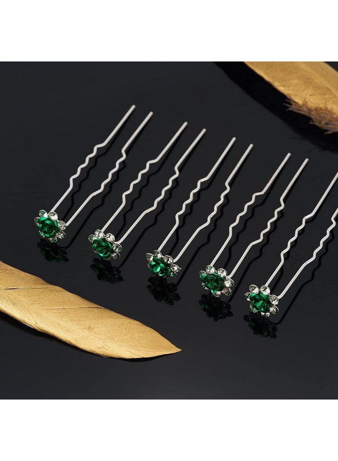 QIUTIMIY 20 Pack (Green) Crystal Hair Pins Rose Flower Rhinestone Hair Clips For Bridal Wedding Women Hair Jewelry Accessories, With Clear Container - Image 3