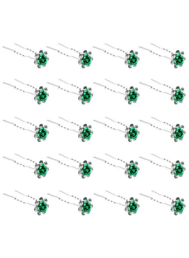 QIUTIMIY 20 Pack (Green) Crystal Hair Pins Rose Flower Rhinestone Hair Clips For Bridal Wedding Women Hair Jewelry Accessories, With Clear Container - Image 1