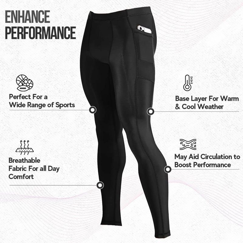 CompressionZ Men's Compression Pants for Workout, Sports|Base Layer Running Tights Leggings (W/Pockets, Black, Medium) - Image 3