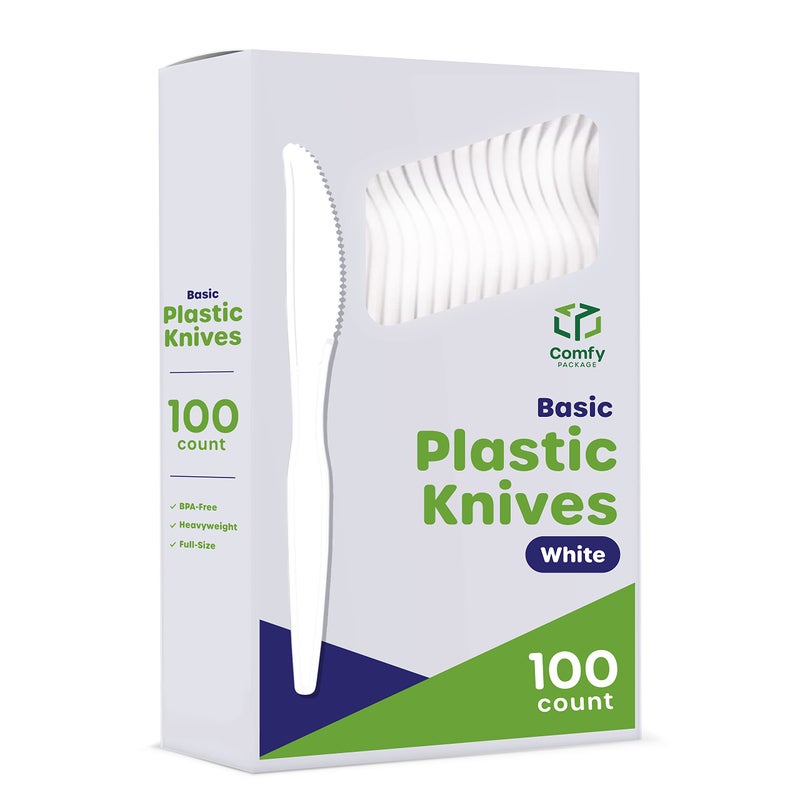 Comfy Package [100 Pack Basic Disposable Plastic Knives  White Plastic Knives Heavy Duty - Perfect for Parties  Events  and Dinner - Image 1