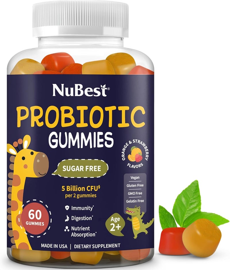 NuBest Probiotics Gummies for Digestive Gut Health  Immunity with 5 Billion CFUs  No Added Sugar  Yummy Strawberry  Orange Flavors  60 Premium Vegan Gummies for Kids  Teens - Image 1