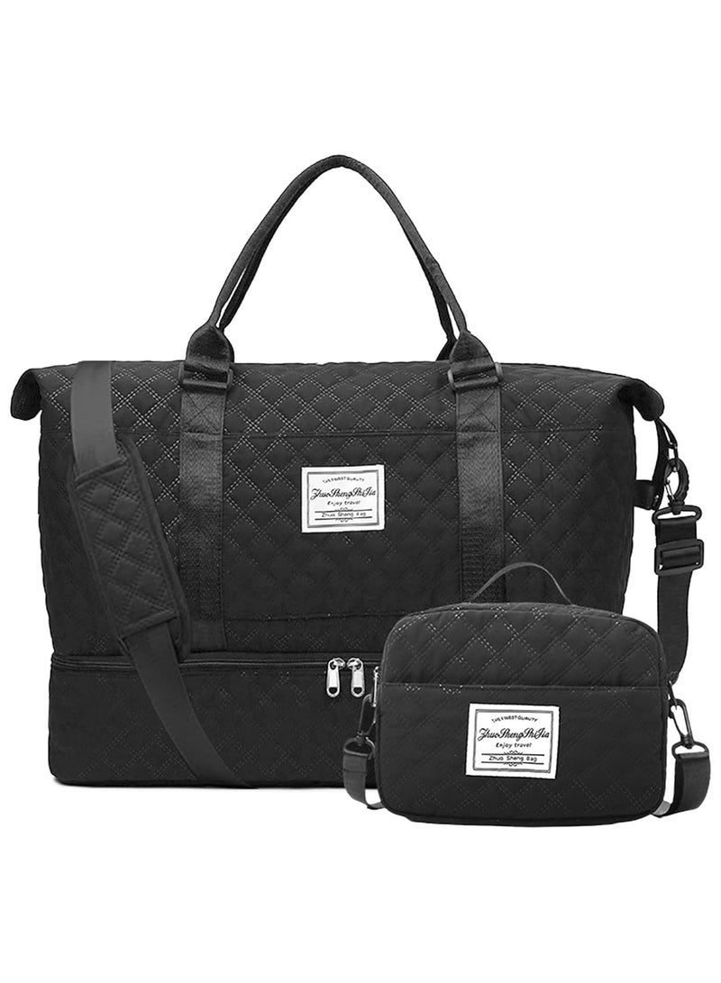 Women's Weekender Travel Bag, Black Carry-On Overnight Duffel with Shoe Compartment, Large Gym Tote and Toiletry Bag, Ideal Hospital Bag for Labor and Delivery. - Image 1